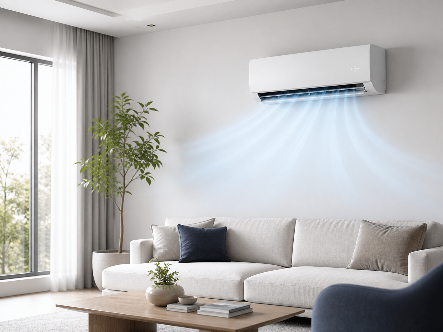 Wall mounted air conditioning unit cooling a modern lounge