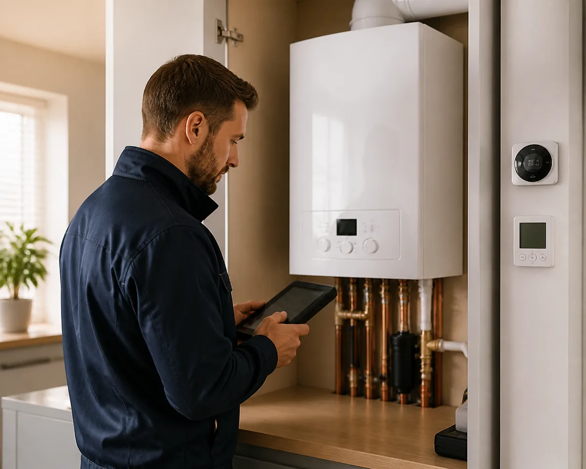 Heating engineer inspecting a wall-mounted boiler